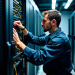 © Artvi - Experienced engineer working in server room, service engineer working with wires coming from big cabinet, emphasizing expertise required to maintain complex technological systems