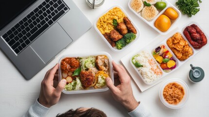 Lunch meal prep with assorted containers and laptop on a desk