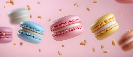 Colorful macarons on a pink background, showcasing vibrant hues and delicate textures, perfect for dessert enthusiasts.