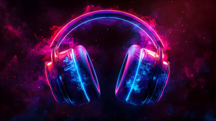 Poster - Vibrant headphones illuminated by colorful light, creating a stunning visual effect perfect for music and technology themes.