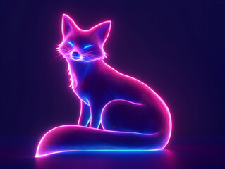 Wall Mural - A glowing neon fox sitting elegantly against a dark background, showcasing vibrant colors and a modern artistic style.