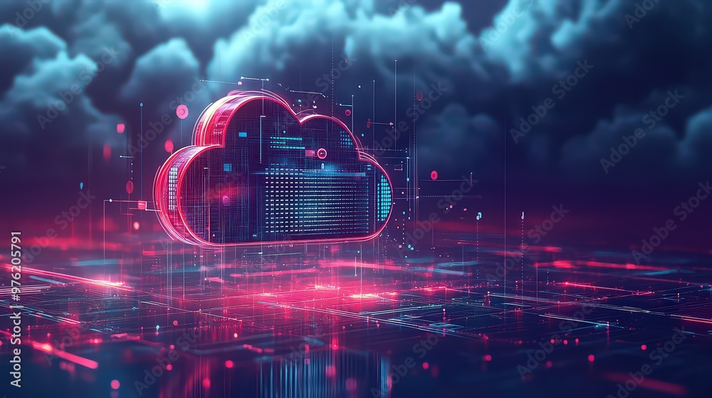 Glowing cloud storage icon in digital space shows cloud computing, data ...