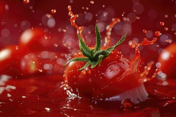 Poster - A close-up shot of a tomato being splashed with water, great for use in food or kitchen related contexts