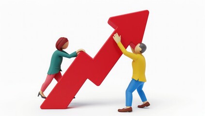 3d cartoon illustration of two diverse business people pushing together a huge red arrow pointing up