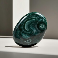 Poster - Polished Green Stone With Swirling Patterns Displayed on a Neutral Backdrop in Natural Light