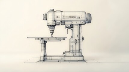  Detailed technical sketch of industrial drill press, representing mechanical engineering and machinery design in a conceptual form.