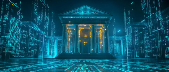 Poster - A stunning digital representation of a large, glowing architectural structure set within a futuristic cityscape of data and light.