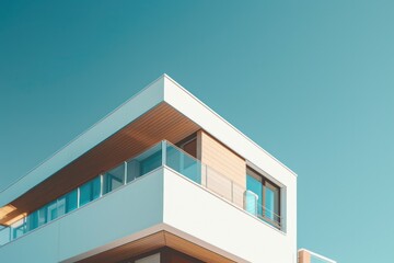 Poster - A tall white building with a balcony on top, suitable for use as a background or to represent a modern structure