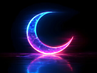 Poster - A vibrant neon crescent moon design reflecting colorful lights against a dark background, creating a mystical atmosphere.
