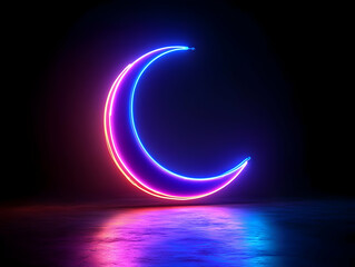 Wall Mural - A vibrant neon crescent moon glowing in dark surroundings, creating a whimsical and captivating atmosphere.