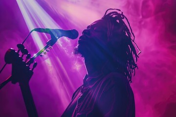Poster - A person with dreadlocks performing at a concert or event, holding a microphone