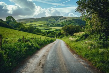 Poster - A dirt road passes through a vibrant green meadow, suitable for use in rural or agricultural settings