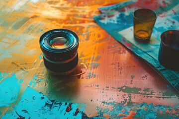 Wall Mural - A camera lens sitting on a table, ready for use