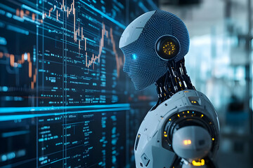 Poster - Futuristic robot analyzing digital data on screens, representing technology, artificial intelligence, and innovation.