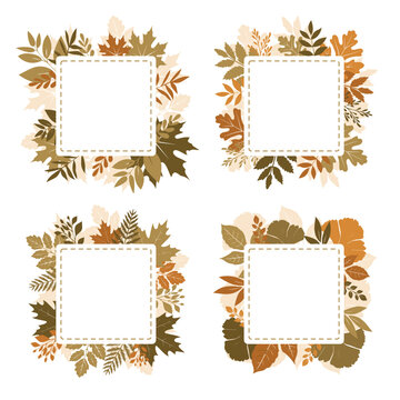 Square empty greeting cards templates with autumn leaves. Collection of fall themed frames with design nature elements featuring leaves. Rustic hand drawn floral wreath in traditional autumn colors