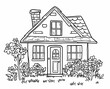 © Earny - Hand-drawn illustration of a charming house with flowers and greenery, perfect for home decor or educational materials.