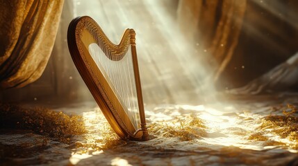 Wall Mural - harp bathed in golden light, placed in ethereal setting, representing music, art, and heavenly ambia