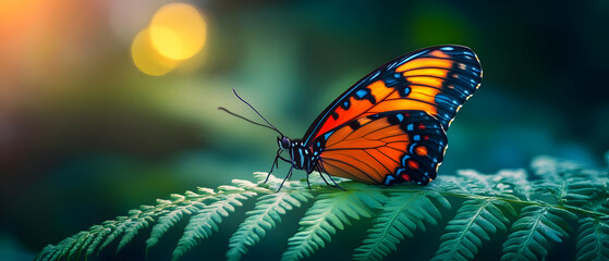 Wall Mural - A vibrant butterfly rests on a lush fern, showcasing stunning colors against a softly blurred background of nature.