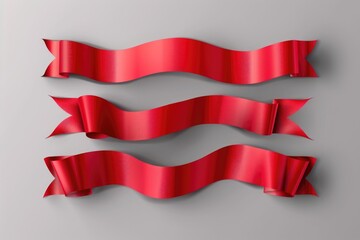 Poster - Three red ribbons sit on a neutral gray background, ideal for use in designs focused on simplicity and elegance