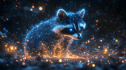 Poster - A magical raccoon surrounded by glowing particles, creating an enchanting and whimsical atmosphere in a nighttime setting.