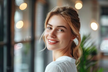 Aufkleber - A happy woman smiles at the window, looking outside