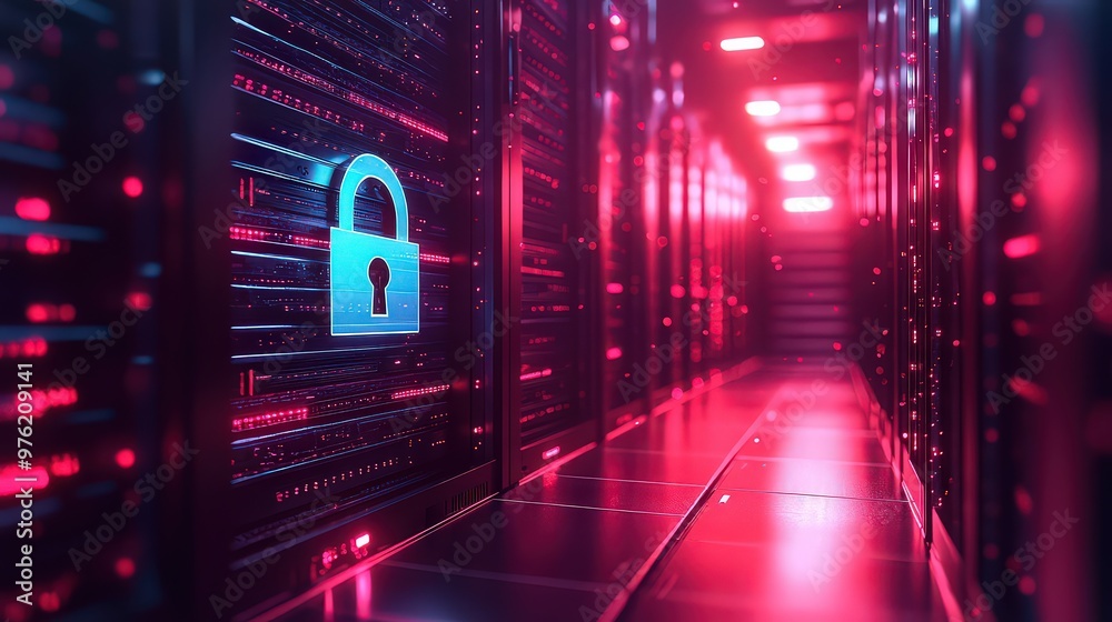 Cybersecurity concept with glowing lock icon in data center hallway ...