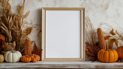 A close-up of a white poster layout, centered and framed, standing on a shelf in a room decorated for the harvest season. The walls of the room are decorated in warm colors 