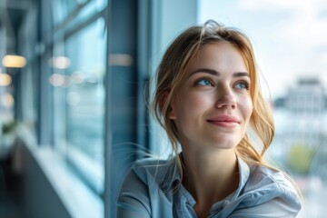 Poster - A woman looks out a window, showing a cityscape in the background