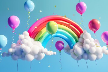 Poster - Bright balloons in various colors rise above soft clouds, creating a cheerful atmosphere under a radiant rainbow against a clear blue sky.