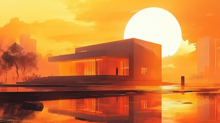  Minimalist modern house bathed in sunset glow, reflected in surrounding water. Sleek geometric lines create a futuristic architectural vibe.