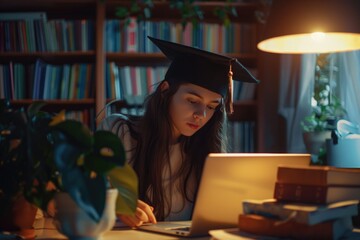 Poster - Student uses laptop for academic purposes with graduation cap