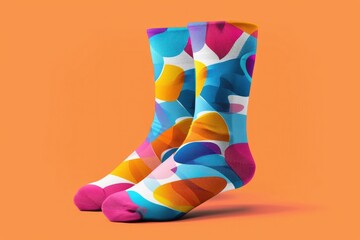Poster - A pair of vibrant socks against a warm orange background, great for highlighting fashion or textile products