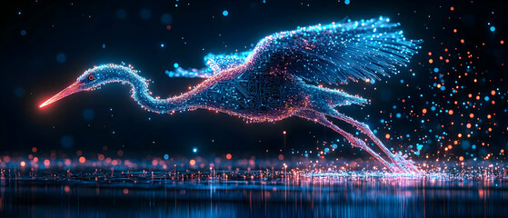 Poster - A stunning digital representation of a crane, illuminated with vibrant neon colors, gracefully moving through a starry night.