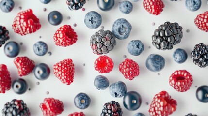 Wall Mural - Fresh berries and blueberries arranged on a white surface for a close-up view