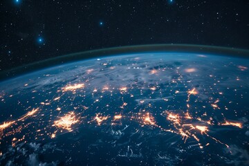 Poster - This stunning view captures Earth from space, highlighting glowing cities and natural landscapes, with a backdrop filled with twinkling stars and a hint of atmosphere.
