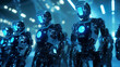 © IntelliPixelForge - Cinematic view of robots working in unison, glowing blue lights, sharp metallic textures