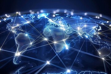 Poster - The visual displays a world map characterized by bright, interconnected lines that represent digital networks, emphasizing international connectivity and technology.
