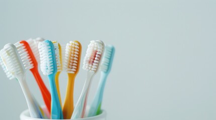 Poster - A collection of toothbrushes stacked in a container, often used for dental hygiene and oral care