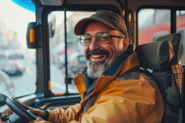 Poster - A person behind the wheel of a bus wearing hat and glasses, a typical scene for public transportation