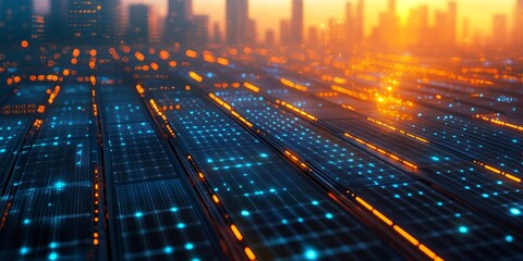 Fototapete - This captivating digital backdrop showcases a vibrant illuminated grid design, representing the fascinating world of technology and AI, ideal for dynamic multimedia projects needing a modern touch