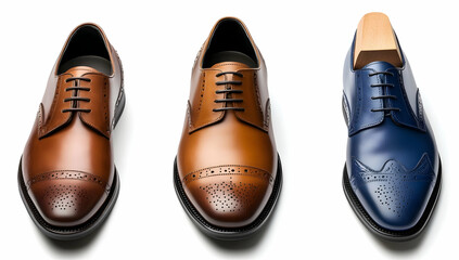 A stylish collection of men's leather shoes featuring brown and blue designs, perfect for formal occasions and everyday wear.