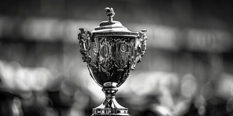 Poster - A classic black and white photograph of a trophy, perfect for use in editorial or commercial contexts where a simple and elegant design is required