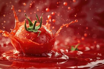 Poster - A fresh tomato splashes into a bright red liquid, great for food or beauty concept images