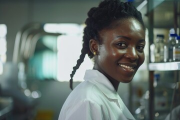 Poster - A happy scientist smiling directly into the camera, wearing a lab coat and possibly ready for an experiment