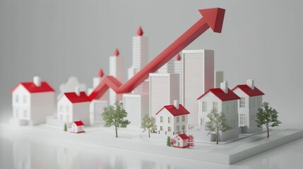 Poster - Urban landscape with a prominent red arrow pointing upwards, suitable for illustrations about progress and growth