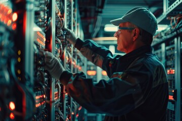 Wall Mural - A person in a hard hat works on a server, suitable for use in IT or technology settings