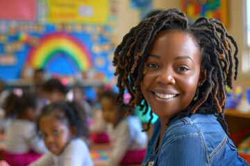 Wall Mural - A happy teacher with dreadlocks standing in a classroom, ready for lessons