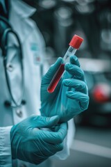 Poster - A medical professional holds a tube of blood, possibly for testing or analysis