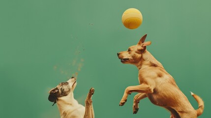 Wall Mural - Two dogs enjoying playtime together in mid-air, focused on catching a flying ball