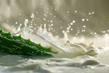 Poster - A drop of milk on a green leaf, perfect for health and wellness, food or nature related projects